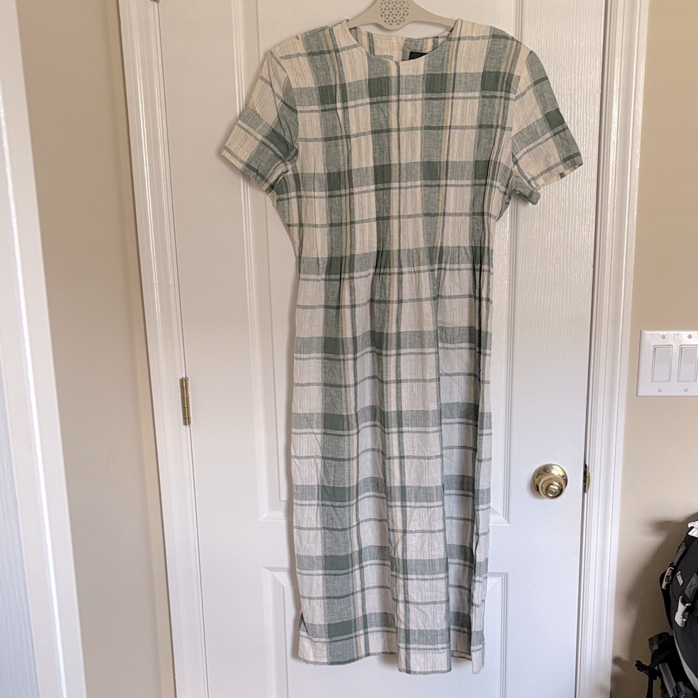 Positive Attitude Vtg Linen Blend Cottage Core Prairie Plaid Midi Dress